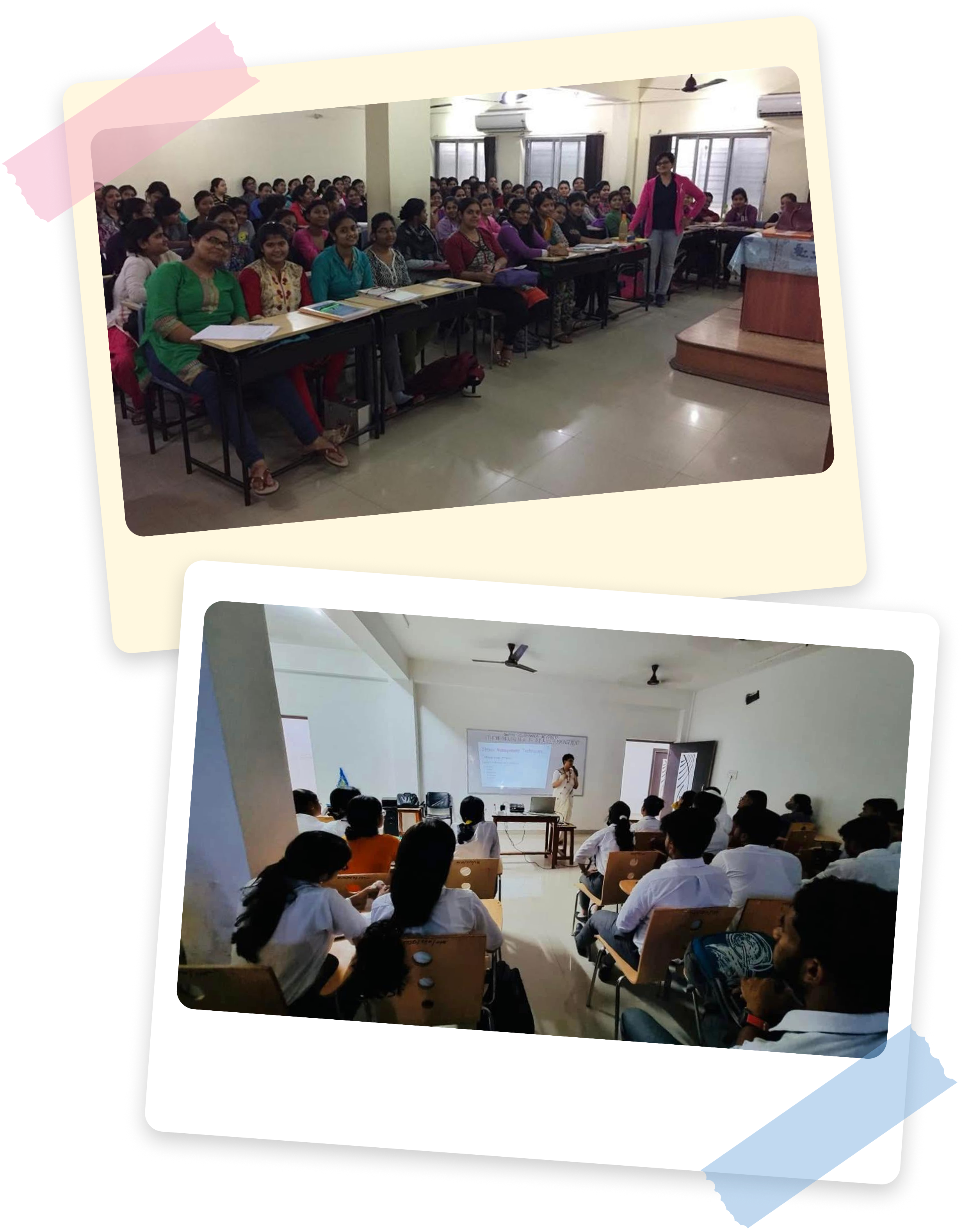 Classroom teaching: students in lecture halls with instructor at the front.