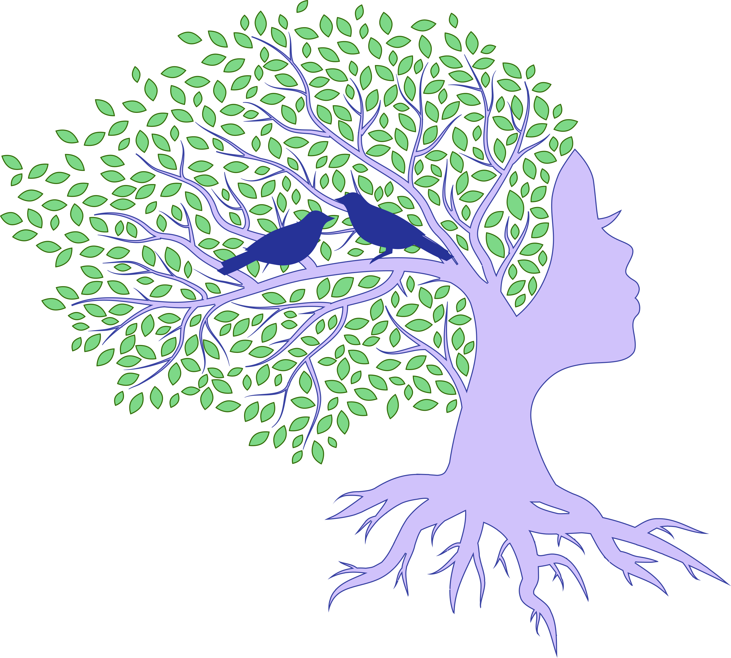 Illustration of a tree whose branches and roots merge with a human profile, symbolizing growth and care.